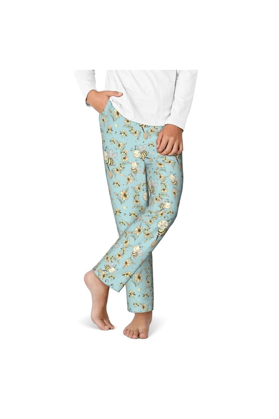 Cute Honeybees Print Youth Home Trousers, Elastic Waistband with Pockets for Home and Outing, Suitable for Children Aged 5-16-Medium