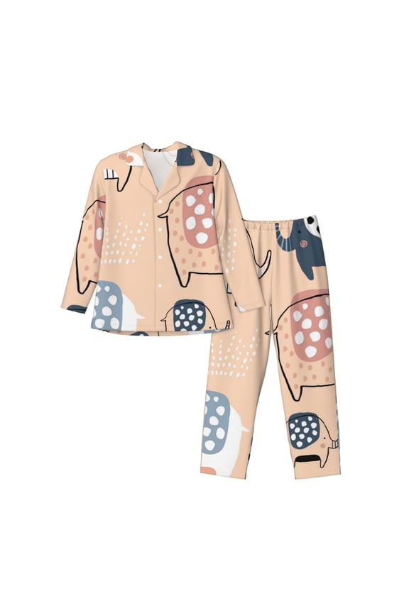 Cute Ink Drawn Elephants Print Men's Long-sleeved Pajamas Set, Elastic Waist Pajamas Button-down Pajamas Two-piece Set, Suitable for Adult Male Home Wear-X-Large