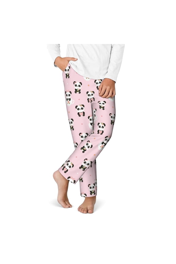 Cute Kawaii Panda Print Youth Home Trousers, Elastic Waistband with Pockets for Home and Outing, Suitable for Children Aged 5-16-Medium
