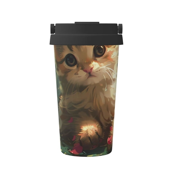 Gukieu Cute Kitten Water Lilies Print Insulated Coffee Cup, Portable Stainless Steel Vacuum Cup with Lid, Unisex, Suitable for Office, Cafe, Car