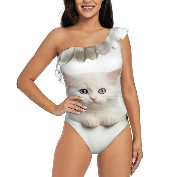 Gukieu Cute Kittens And Puppy Print One-shoulder Ruffled One-piece Swimsuit with Removable Chest Pads and Tummy-control Swimsuit for Women-Medium