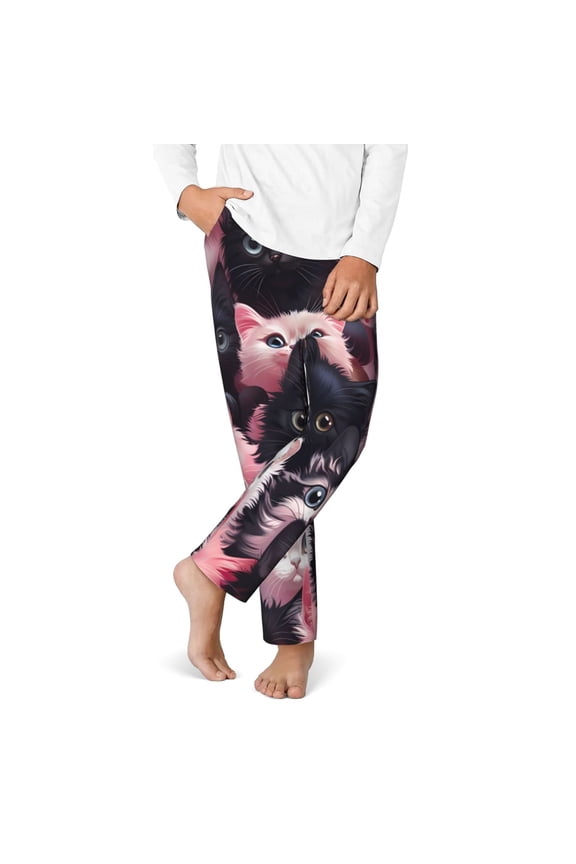 Cute Kittens Group Portrait Print Youth Home Trousers, Elastic Waistband with Pockets for Home and Outing, Suitable for Children Aged 5-16-Large