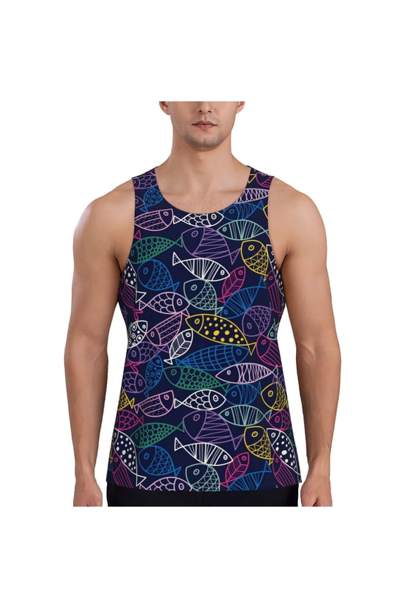 Cute Line Fish Print Men's Quick Dry Fitness Vest, Round Neck Sleeveless Fitness Bodybuilding Top-Small