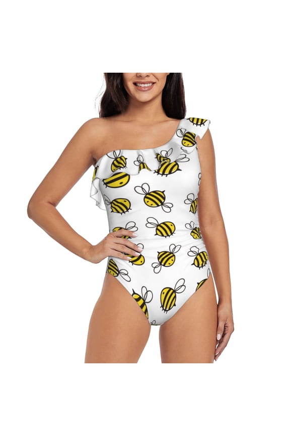 Cute Little Bee Print One-shoulder Ruffled One-piece Swimsuit with Removable Chest Pads and Tummy-control Swimsuit for Women-Medium