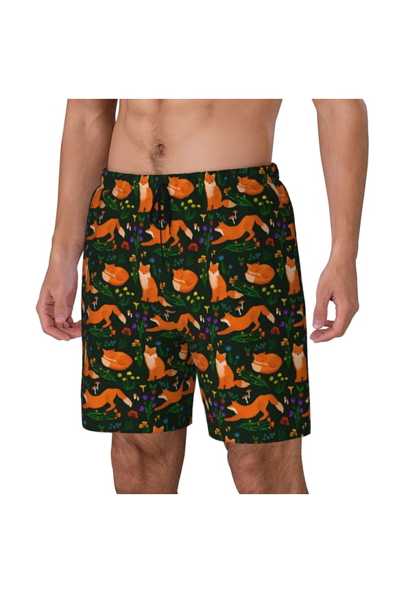 Cute Little Foxes Print Men's Double Layer Sports Swim Trunks, Quick Dry Adjustable Waist Swim Shorts Swimwear-Small