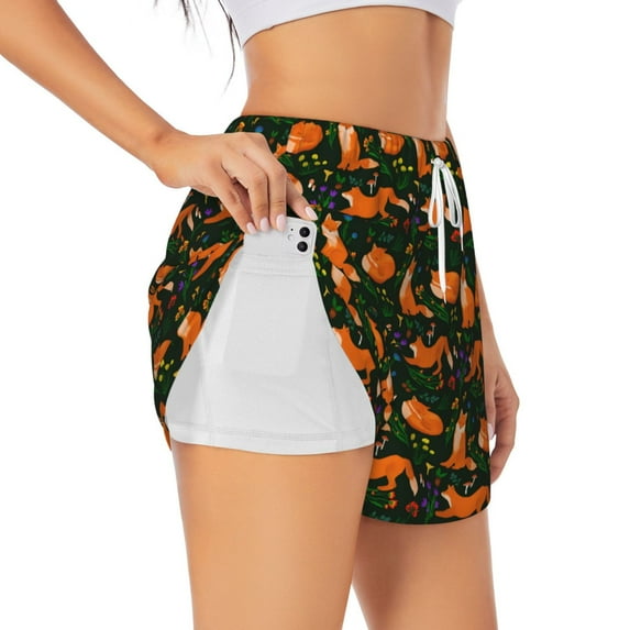 Gukieu Cute Little Foxes Print Women's Sports Shorts with Drawstring Elastic Waistband for Running, Yoga, Fitness-Large