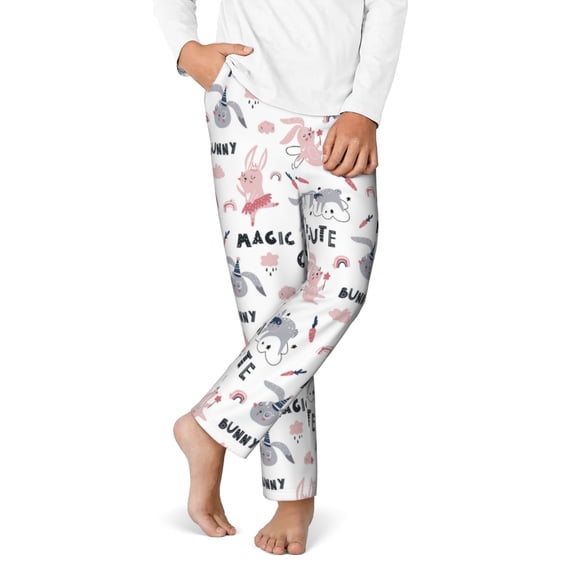 Gukieu Cute Magic Bunny Print Youth Home Trousers, Elastic Waistband with Pockets for Home and Outing, Suitable for Children Aged 5-16-Small