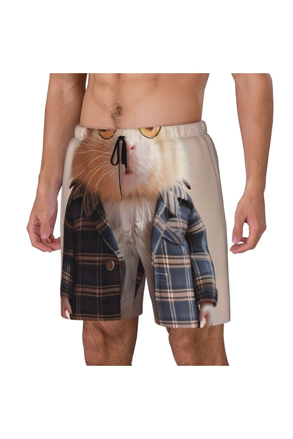 Cute Mouse In Glasses Print Men's Double Layer Sports Swim Trunks, Quick Dry Adjustable Waist Swim Shorts Swimwear-Medium