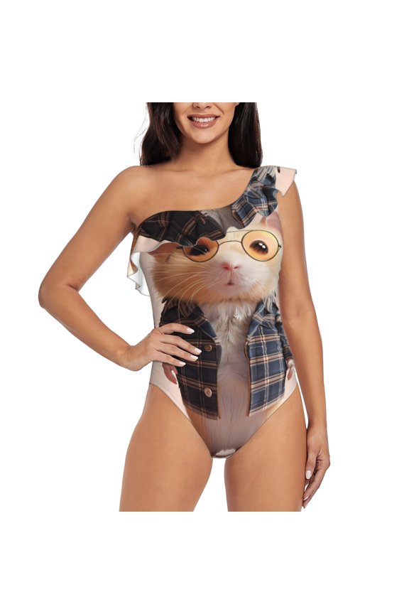 Cute Mouse In Glasses Print One-shoulder Ruffled One-piece Swimsuit with Removable Chest Pads and Tummy-control Swimsuit for Women-Medium