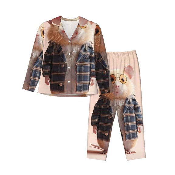 Gukieu Cute Mouse In Glasses Print Women's Long Sleeve Pajama Set, Button Top Elastic Pocket Pajama Pants Two Piece Set Home Wear-Large