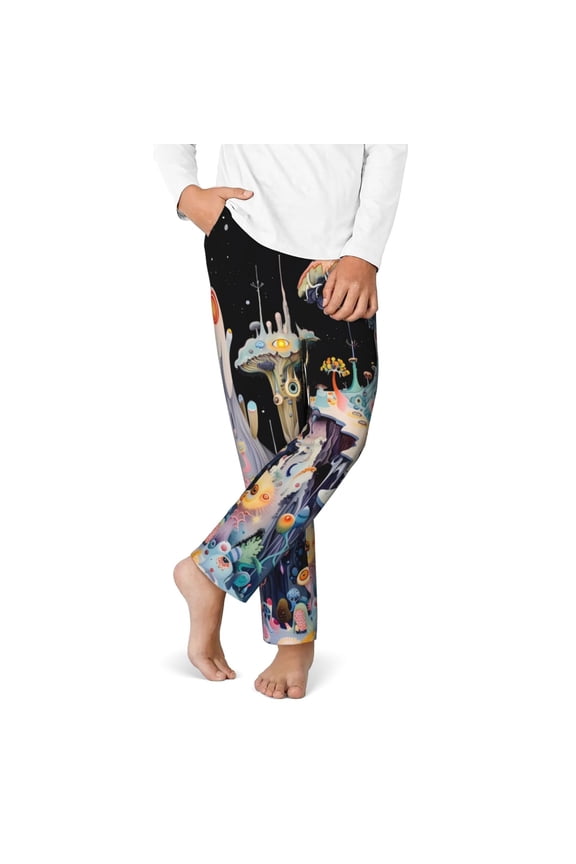 Cute Mushroom Landscape Print Youth Home Trousers, Elastic Waistband with Pockets for Home and Outing, Suitable for Children Aged 5-16-Small