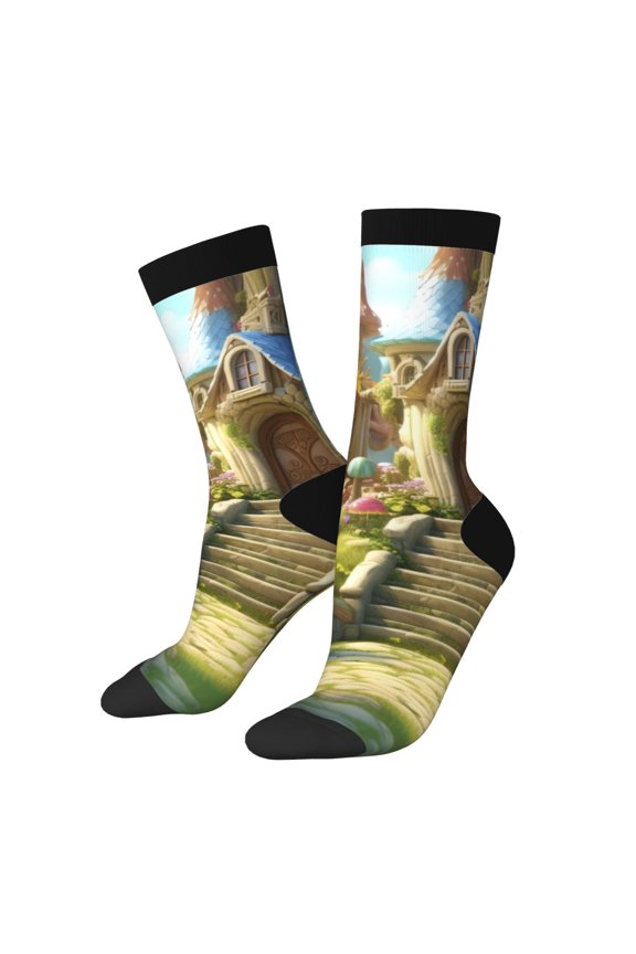 Cute Mushroom Town A Print Contrast Color Mid-calf Socks, Sweat-wicking Athletic Socks, Unisex Clothing Accessories