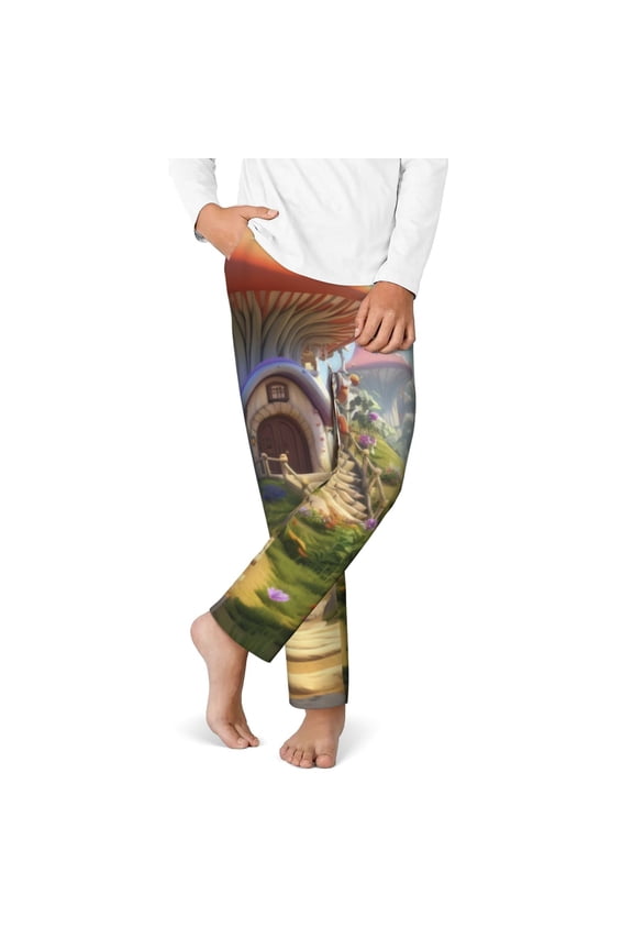 Cute Mushroom Town Print Youth Home Trousers, Elastic Waistband with Pockets for Home and Outing, Suitable for Children Aged 5-16-Large