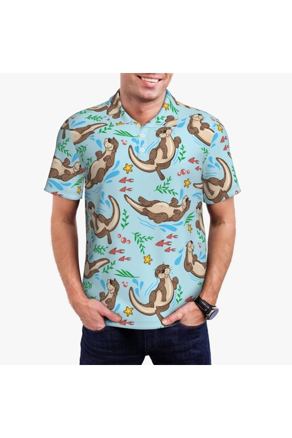 Cute Otters Print Men's Quick-drying POLO Shirt, Button-down Summer T-shirt, Suitable for Work and Outdoor Activities-Small