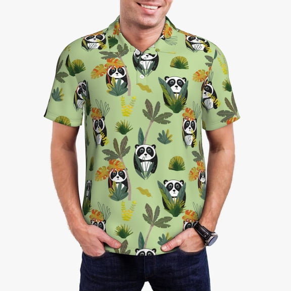 Gukieu Cute Panda Bear In Greenery Forest Print Men's Quick-drying POLO Shirt, Button-down Summer T-shirt, Suitable for Work and Outdoor Activities-3X-Large