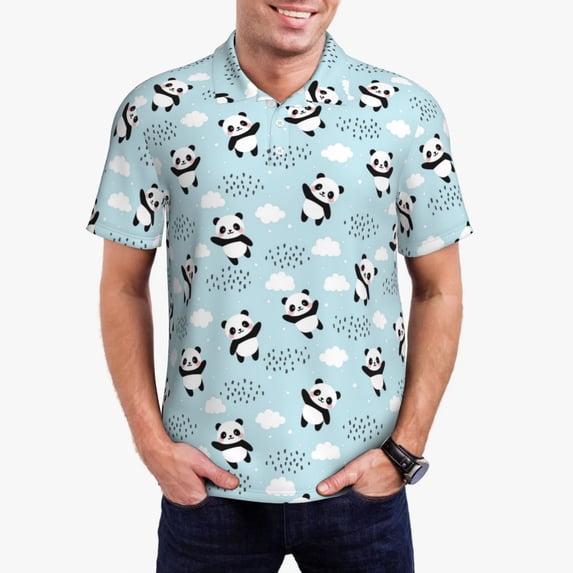 Gukieu Cute Panda Bear Print Men's Quick-drying POLO Shirt, Button-down Summer T-shirt, Suitable for Work and Outdoor Activities-4X-Large