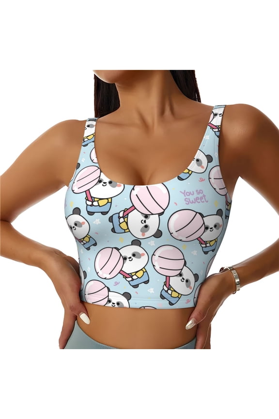 Cute Panda Bear Print Women's Sports Vest, Low-neck U-shaped Removable Pad Sports Bra for Yoga, Exercise, Dance-Medium