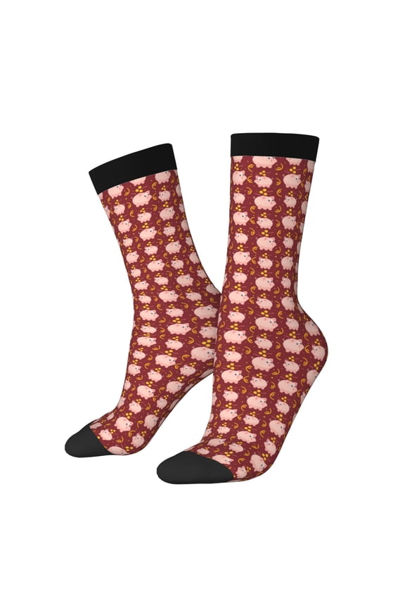 Cute Pig with Coins Print Contrast Color Mid-calf Socks, Sweat-wicking Athletic Socks, Unisex Clothing Accessories