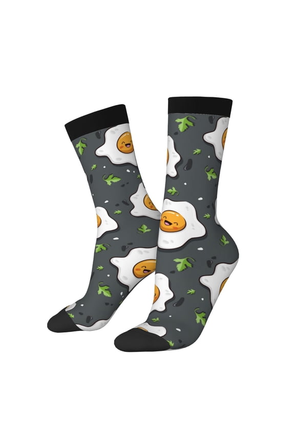 Cute Poached Eggs Print Contrast Color Mid-calf Socks, Sweat-wicking Athletic Socks, Unisex Clothing Accessories