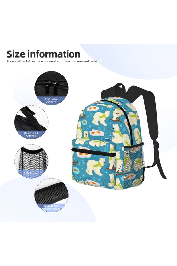 Cute Polar Bear Fishing Print Backpack, Waterproof Backpack with Adjustable Shoulder Straps, Suitable for Campus, Business, Travel, Unisex