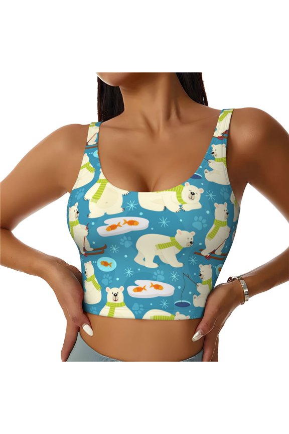 Cute Polar Bear Fishing Print Women's Sports Vest, Low-neck U-shaped Removable Pad Sports Bra for Yoga, Exercise, Dance-X-Large