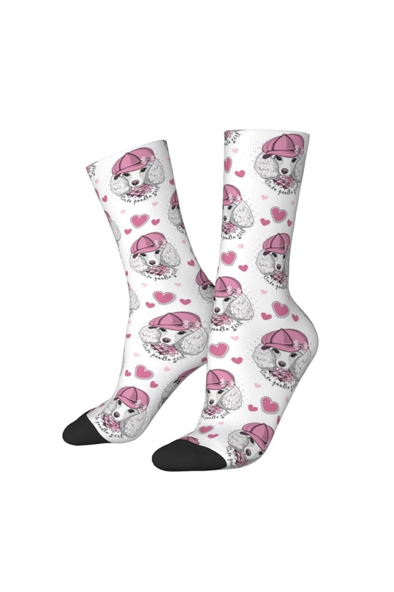 Cute Poodle Dog Print Contrast Color Mid-calf Socks, Sweat-wicking Athletic Socks, Unisex Clothing Accessories