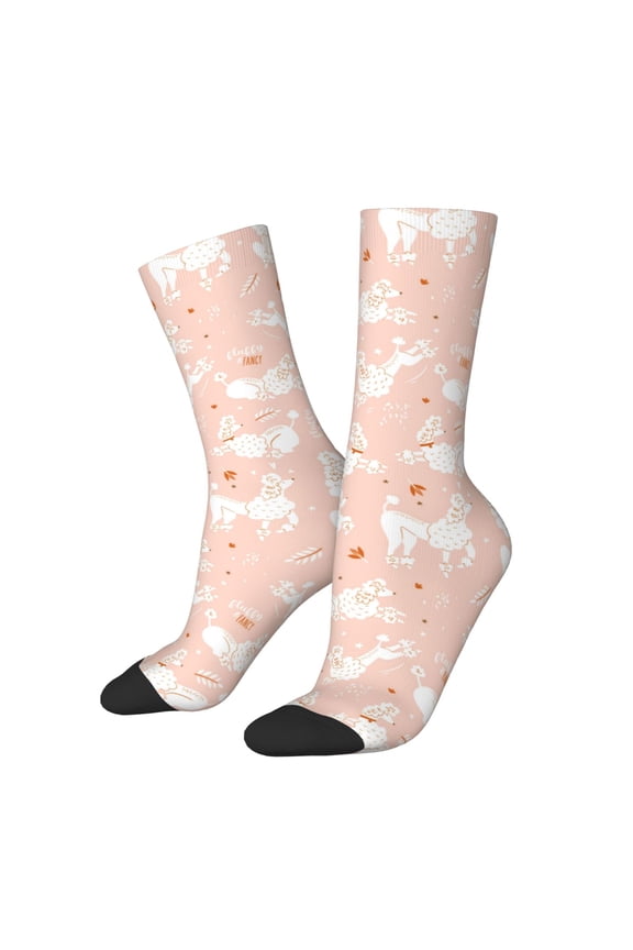 Cute Poodle Dog Print Contrast Color Mid-calf Socks, Sweat-wicking Athletic Socks, Unisex Clothing Accessories