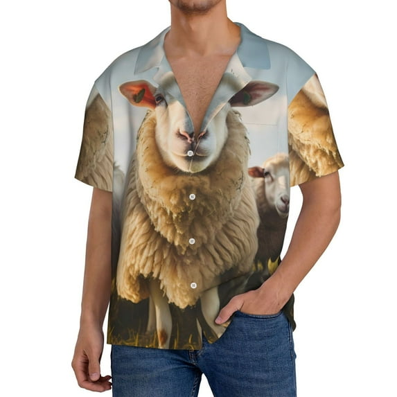 Gukieu Cute Prairie Sheep Herd Print Men's Short-sleeved Shirts, Button-down Pocket Shirts, T-shirts, Beach Vacation Travel Summer Clothing-4X-Large