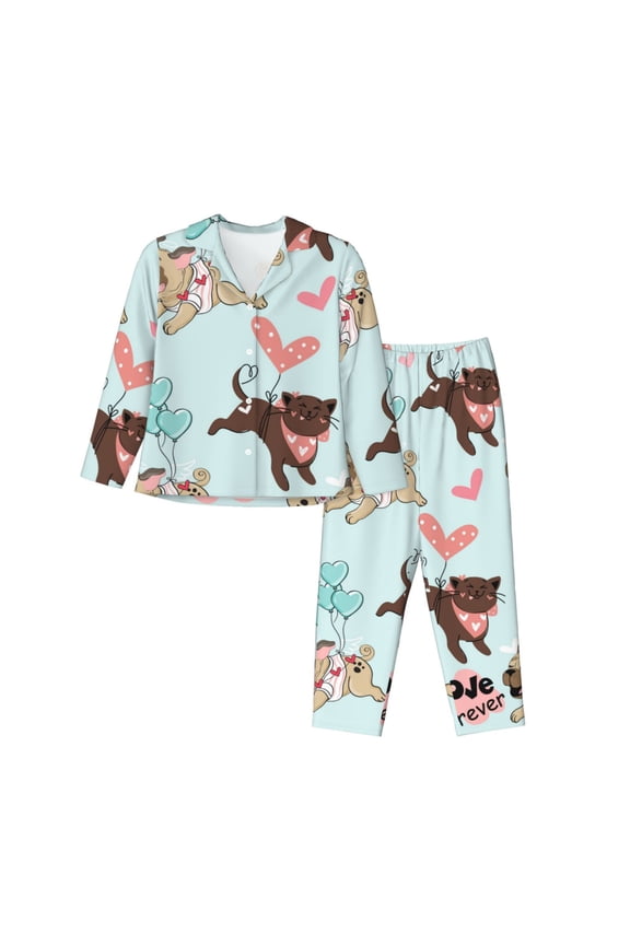 Cute Pug Dogs Print Women's Long Sleeve Pajama Set, Button Top Elastic Pocket Pajama Pants Two Piece Set Home Wear-Small