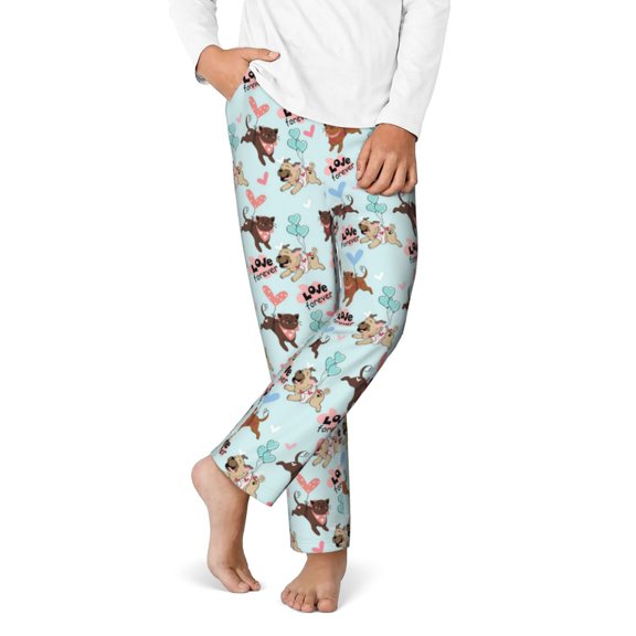 Gukieu Cute Pug Dogs Print Youth Home Trousers, Elastic Waistband with Pockets for Home and Outing, Suitable for Children Aged 5-16-XS(5-6)