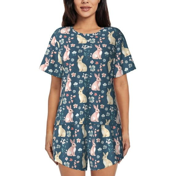 Gukieu Cute Rabbit Floral Print Women's Short-sleeved Pajama Set, Round Neck Button Top Elastic Shorts 2-piece Set, Summer Home Leisure Clothing-4X-Large