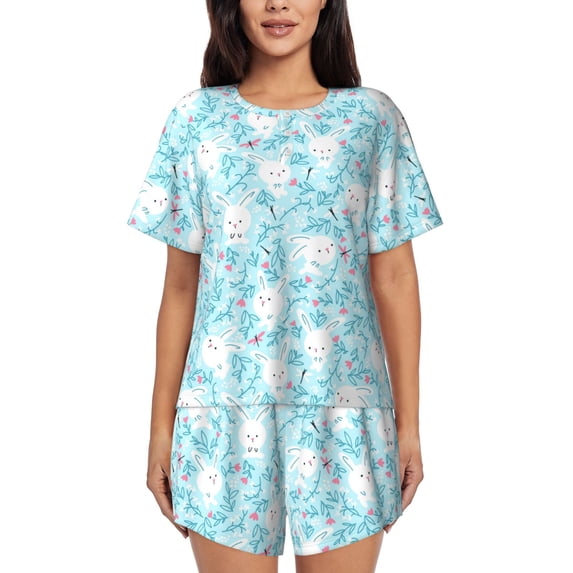 Gukieu Cute Rabbit Print Women's Short-sleeved Pajama Set, Round Neck Button Top Elastic Shorts 2-piece Set, Summer Home Leisure Clothing-X-Large