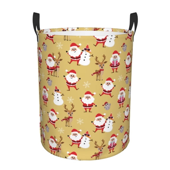 Gukieu Cute Santa and Reindeer Print Round Dirty Clothes Bag, Waterproof Standing Home Bathroom Storage Basket Car Trunk Storage Bag-Small