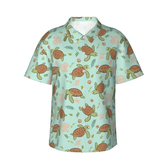 Gukieu Cute Sea Turtles Print Men's Short-sleeved Shirts, Button-down Lapel Hawaiian Shirts, T-shirts, Beach Vacation Summer Casual Wear,Small
