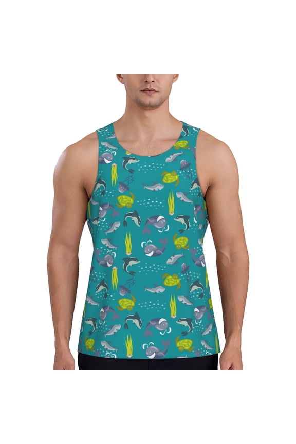 Cute Shark Turtle Print Men's Quick Dry Fitness Vest, Round Neck Sleeveless Fitness Bodybuilding Top-4X-Large