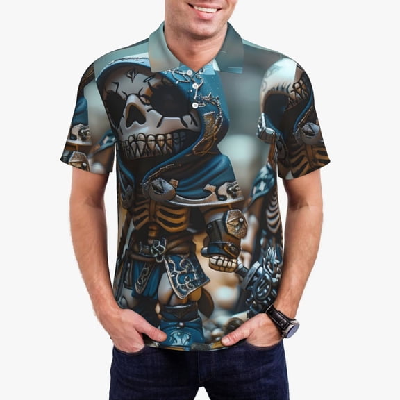 Gukieu Cute Skeletons Figurines Print Men's Quick-drying POLO Shirt, Button-down Summer T-shirt, Suitable for Work and Outdoor Activities-Medium