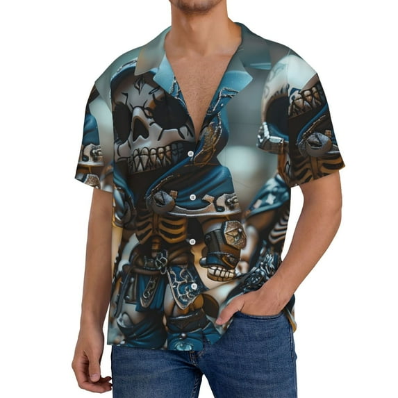 Gukieu Cute Skeletons Figurines Print Men's Short-sleeved Shirts, Button-down Pocket Shirts, T-shirts, Beach Vacation Travel Summer Clothing-Small