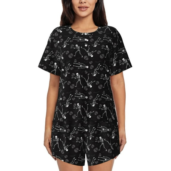 Gukieu Cute Skull Print Women's Short-sleeved Pajama Set, Round Neck Button Top Elastic Shorts 2-piece Set, Summer Home Leisure Clothing-Small
