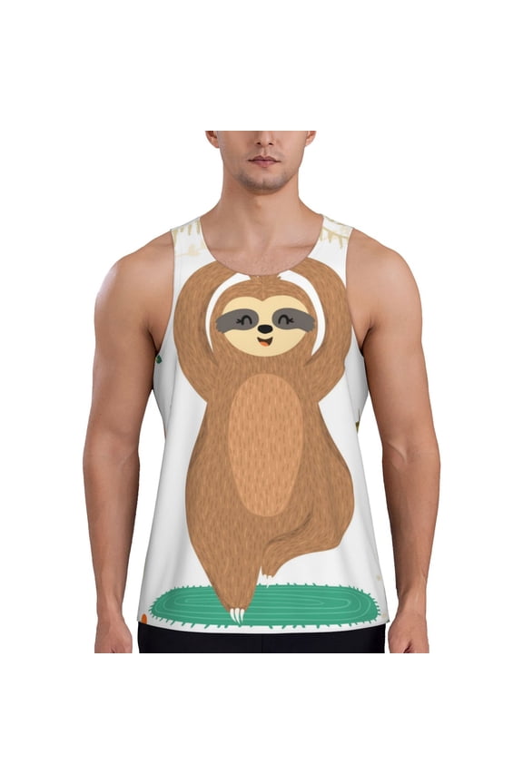 Cute Sloth In Yoga Pose Tree Print Men's Quick Dry Fitness Vest, Round Neck Sleeveless Fitness Bodybuilding Top-Small