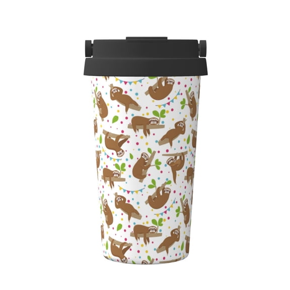 Gukieu Cute Sloth Print Insulated Coffee Cup, Portable Stainless Steel Vacuum Cup with Lid, Unisex, Suitable for Office, Cafe, Car