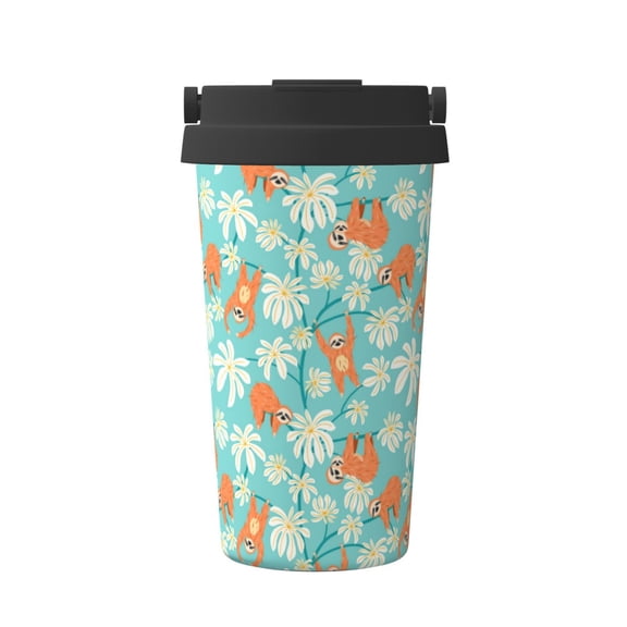 Gukieu Cute Sloth on Floral Tree Print Insulated Coffee Cup, Portable Stainless Steel Vacuum Cup with Lid, Unisex, Suitable for Office, Cafe, Car
