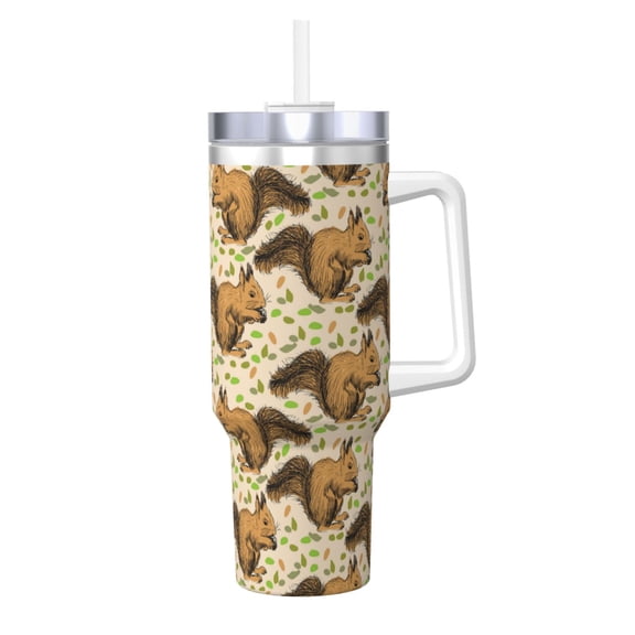 Gukieu Cute Squirrel with Green Leaves Print 40OZ Ice Cup, Stainless Steel Vacuum Kettle with Handle Suitable for Hot and Cold Drinks, Travel, Fitness