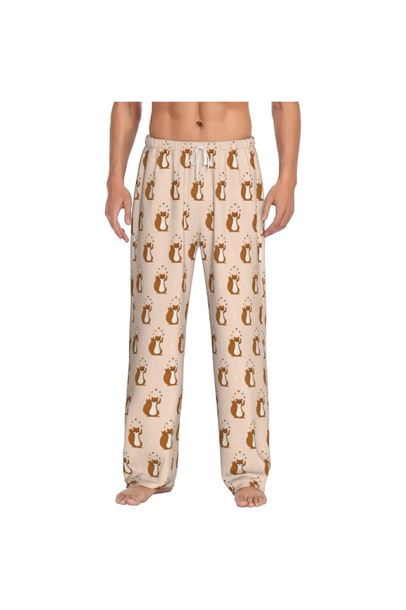 Cute Squirrel Print Men's Home Trousers, Elastic Drawstring Home Pajamas Clothing Suitable for Adult Men-Large