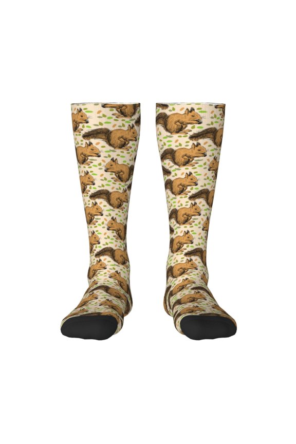 Cute Squirrel with Green Leaves Print Contrast Color Stockings, Elastic Sports Socks Warm Socks Clothing Accessories, Adult Unisex
