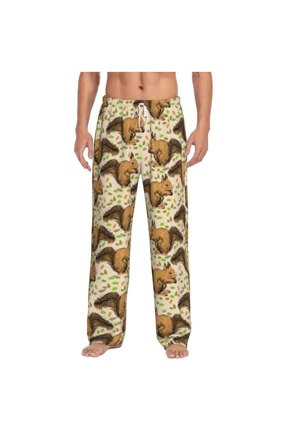 Cute Squirrel with Green Leaves Print Men's Home Trousers, Elastic Drawstring Home Pajamas Clothing Suitable for Adult Men-Medium