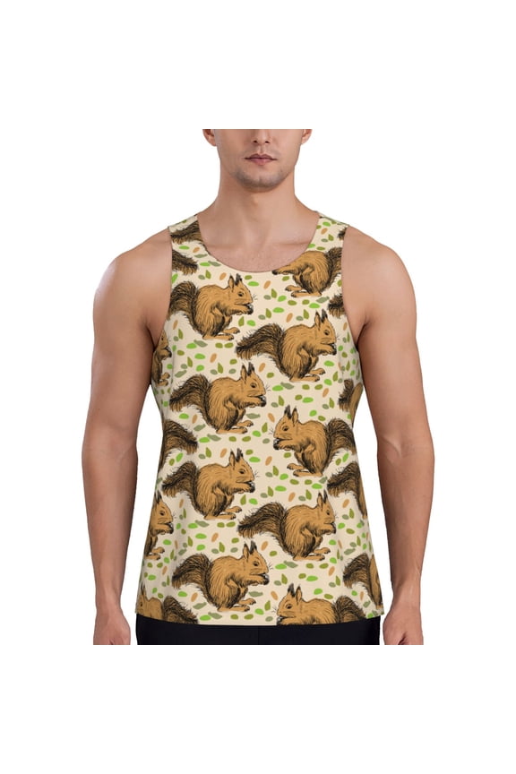 Cute Squirrel with Green Leaves Print Men's Quick Dry Fitness Vest, Round Neck Sleeveless Fitness Bodybuilding Top-3X-Large