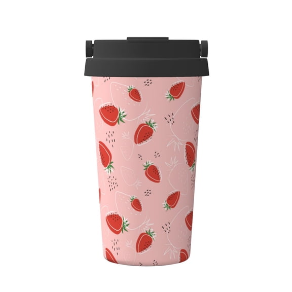 Gukieu Cute Strawberry C Print Insulated Coffee Cup, Portable Stainless Steel Vacuum Cup with Lid, Unisex, Suitable for Office, Cafe, Car