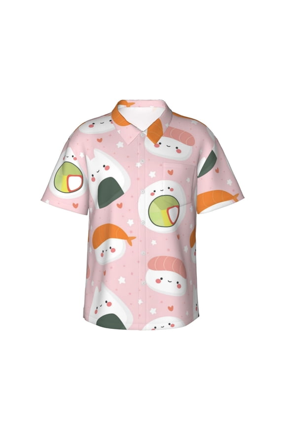 Cute Sushi Print Men's Short-sleeved Shirts, Button-down Lapel Hawaiian Shirts, T-shirts, Beach Vacation Summer Casual Wear,Large
