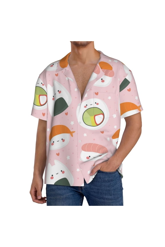 Cute Sushi Print Men's Short-sleeved Shirts, Button-down Pocket Shirts, T-shirts, Beach Vacation Travel Summer Clothing-Large