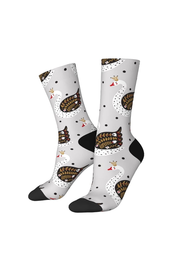 Cute Swan Print Contrast Color Mid-calf Socks, Sweat-wicking Athletic Socks, Unisex Clothing Accessories